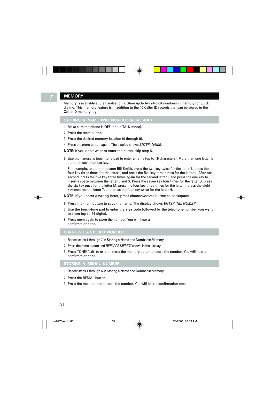 Oregon Scientific OS6976 Storing a Name and Number in Memory, Changing a Stored Number, Storing a Redial Number 