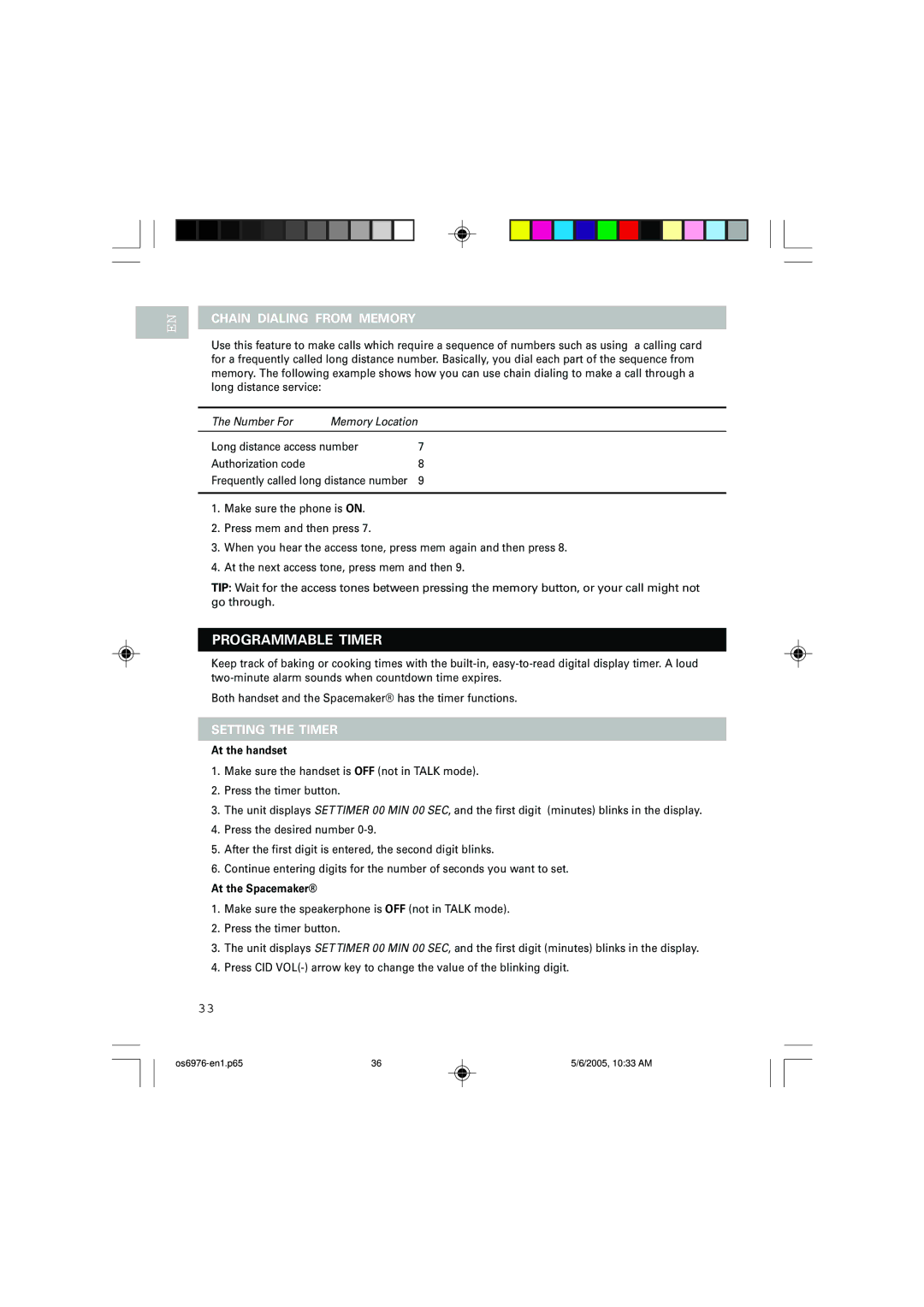 Oregon Scientific OS6976 user manual Programmable Timer, Chain Dialing from Memory, Setting the Timer, At the handset 