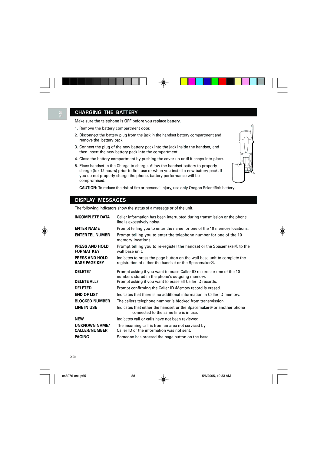 Oregon Scientific OS6976 user manual Charging the Battery, Display Messages 