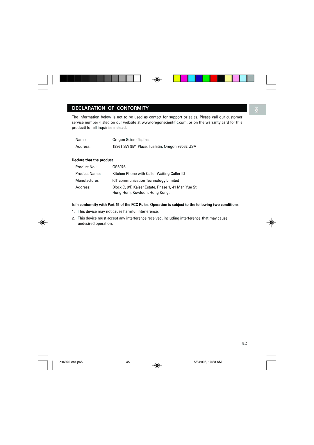 Oregon Scientific OS6976 user manual Declaration of Conformity, Declare that the product 