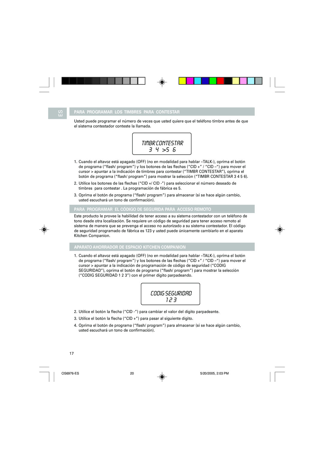 Oregon Scientific OS6976 user manual TIMBR CONTESTAR 3 4 5, CODIG SEGURIDAD 1 2, Para Programar Los Timbres Para Contestar 