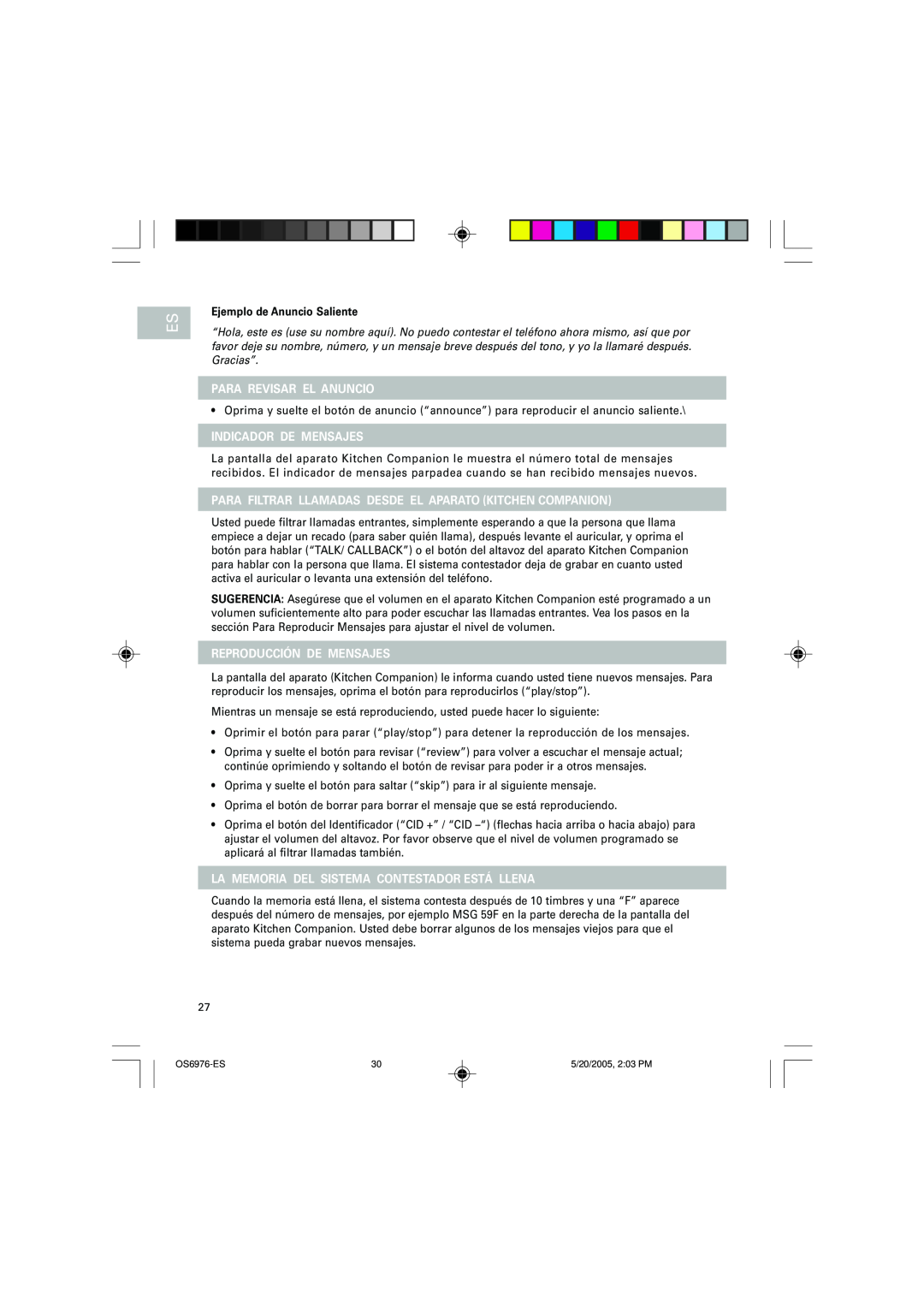 Oregon Scientific OS6976 user manual Para Revisar El Anuncio, Indicador De Mensajes, Reproducción De Mensajes 