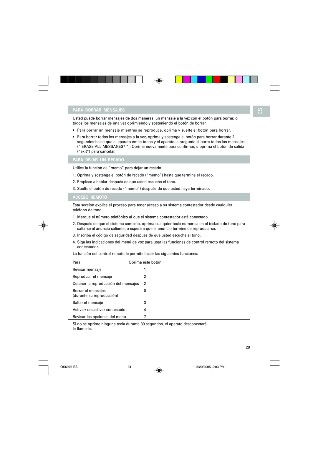 Oregon Scientific OS6976 user manual Para Borrar Mensajes, Para Dejar Un Recado, Acceso Remoto 