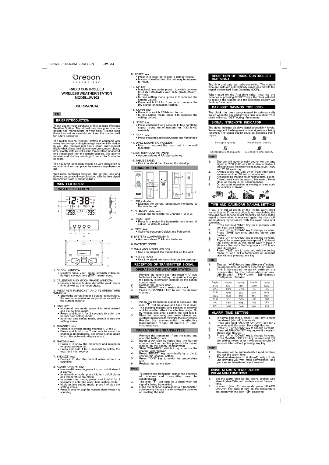 Oregon Scientific C8266B, PD09535M user manual Brief Introduction, Main Features, Reception of Transmitter Signal 