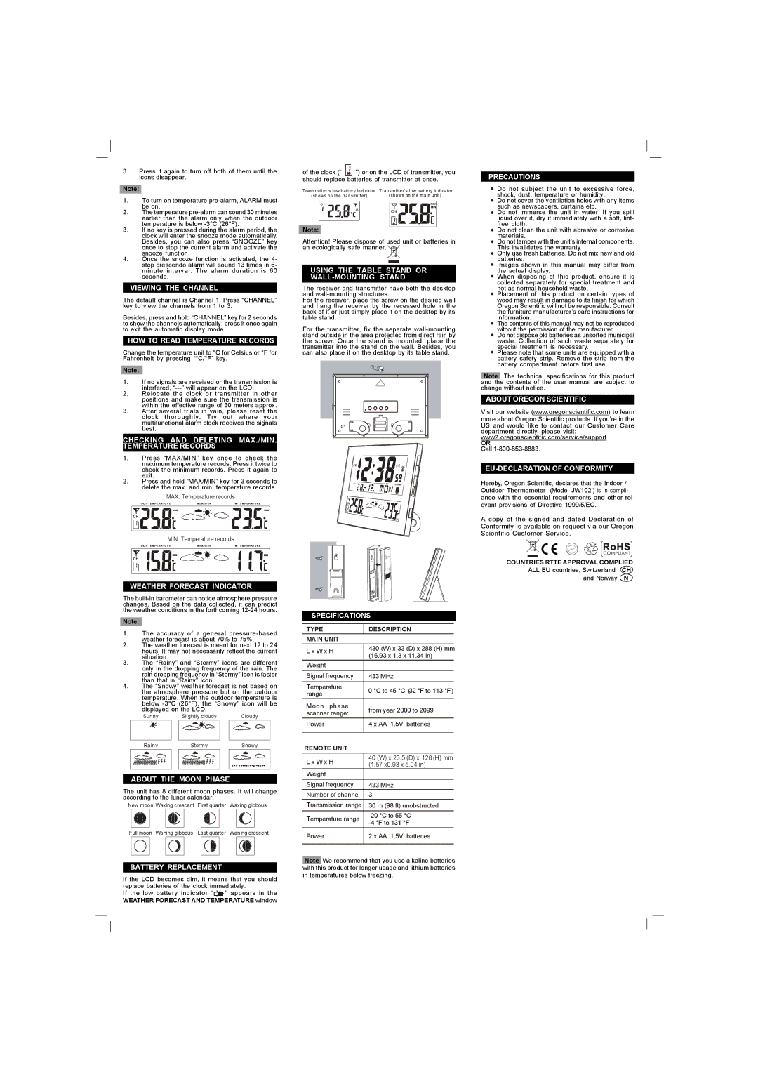 Oregon Scientific PD09535M Viewing the Channel, HOW to Read Temperature Records, Weather Forecast Indicator, Precautions 