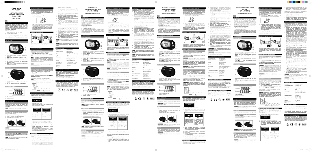 Oregon Scientific user manual DIGITAL PEDOMETER with REAL-TIME CLOCK Model PE320, User Manual, Manuale Per L’Utente 