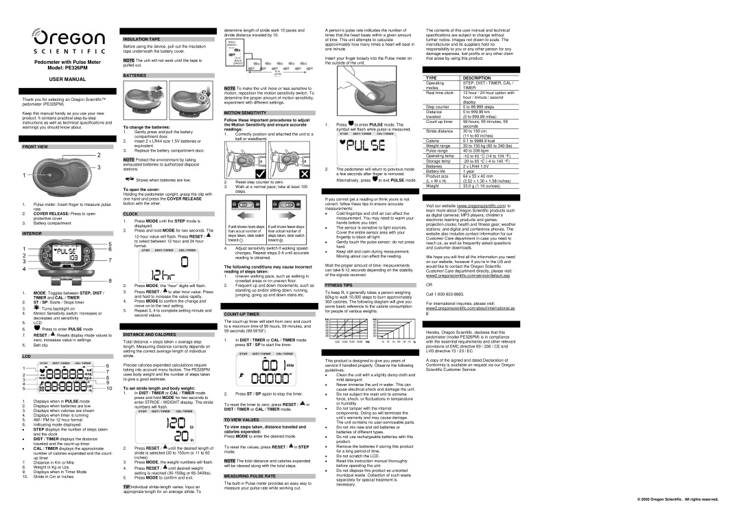 Oregon Scientific PE326PM user manual Introduction, KEY Features Front View, Interior, Lcd, Batteries, Clock, Fitness Tips 