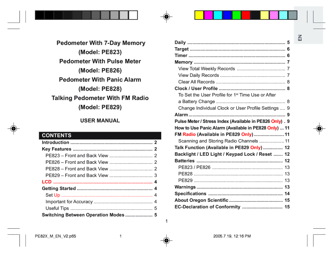 Oregon Scientific PE829, PE826, PE823, PE828 user manual Contents 