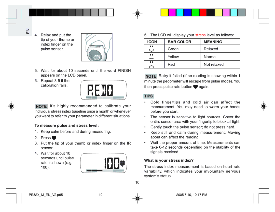 Oregon Scientific PE823, PE826, PE829, PE828 user manual To measure pulse and stress level, Icon BAR Color Meaning, Tips 