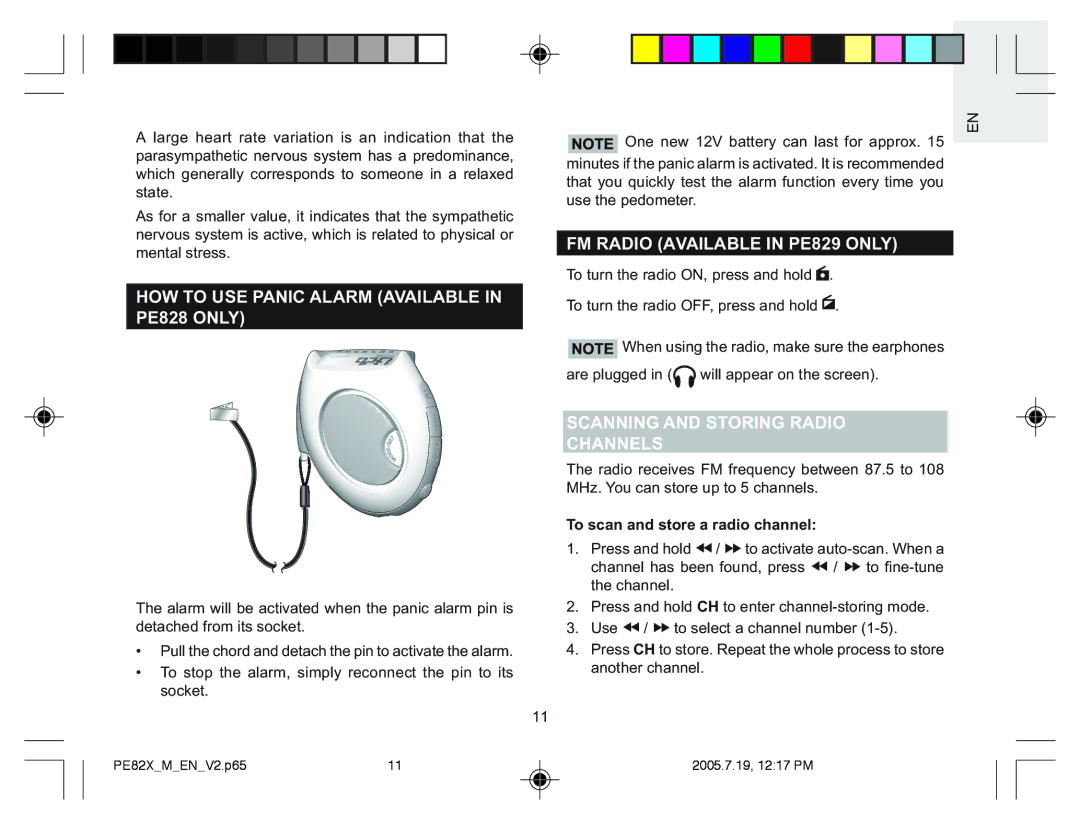 Oregon Scientific PE826, PE823 HOW to USE Panic Alarm Available in PE828 only, FM Radio Available in PE829 only 