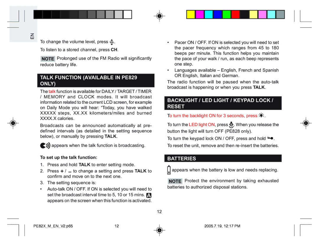 Oregon Scientific PE826 Talk Function Available in PE829 Only, Backlight / LED Light / Keypad Lock / Reset, Batteries 