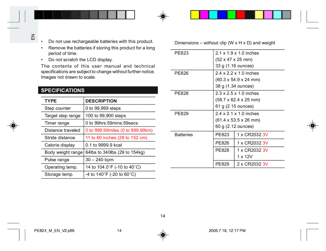 Oregon Scientific PE823, PE826, PE829, PE828 user manual Specifications, Type Description 