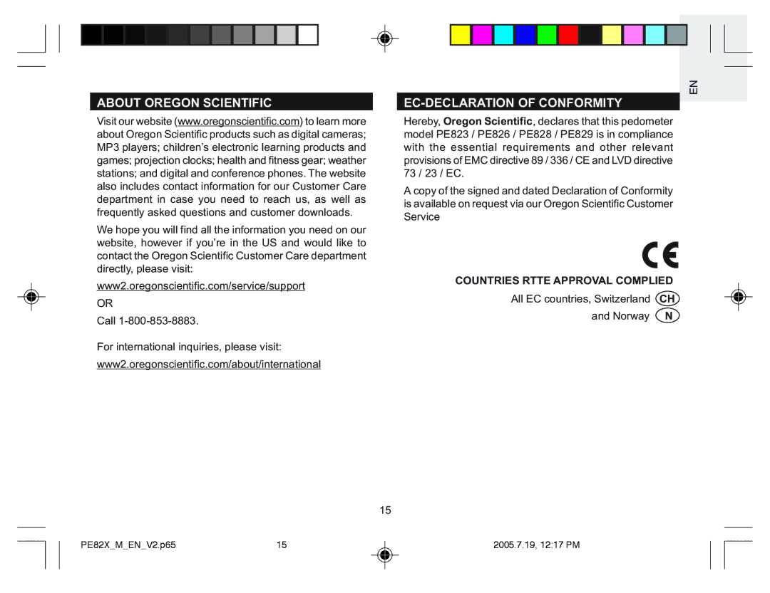 Oregon Scientific PE828, PE826 About Oregon Scientific EC-DECLARATION of Conformity, Countries Rtte Approval Complied 