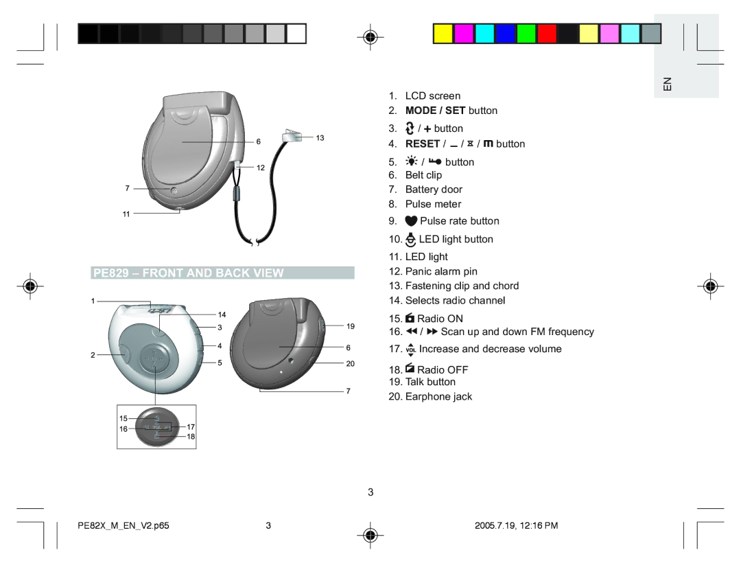 Oregon Scientific PE828, PE826, PE823 user manual PE829 Front and Back View, Mode / SET button 