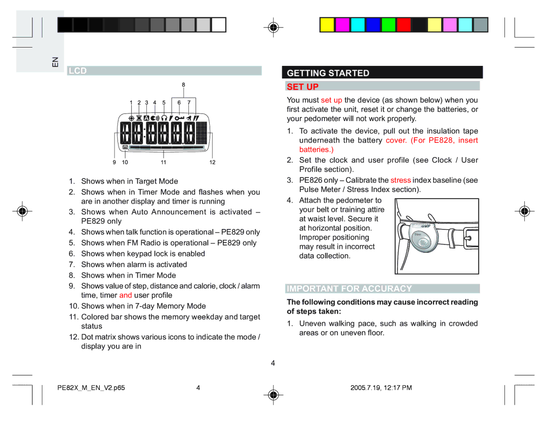 Oregon Scientific PE826, PE829, PE823, PE828 user manual Lcd, Getting Started, Important for Accuracy 