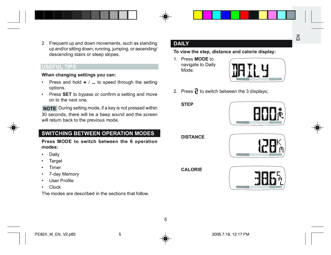 Oregon Scientific PE829, PE826, PE823, PE828 Useful Tips, Switching Between Operation Modes, Daily, Step Distance Calorie 