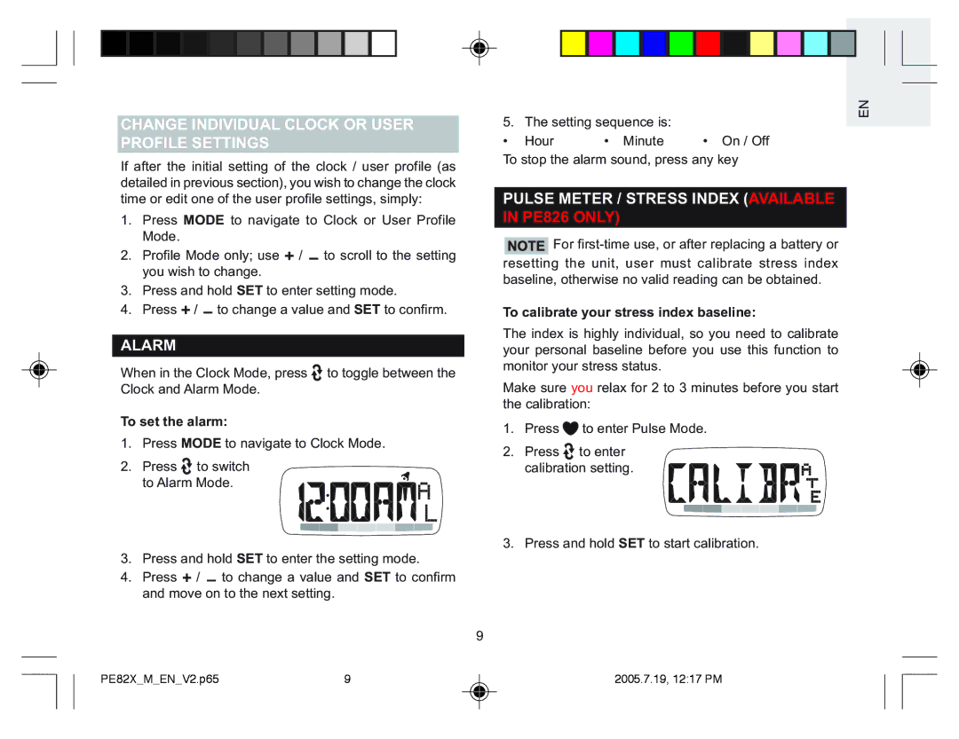 Oregon Scientific PE829, PE826, PE823, PE828 Change Individual Clock or User Profile Settings, Alarm, To set the alarm 