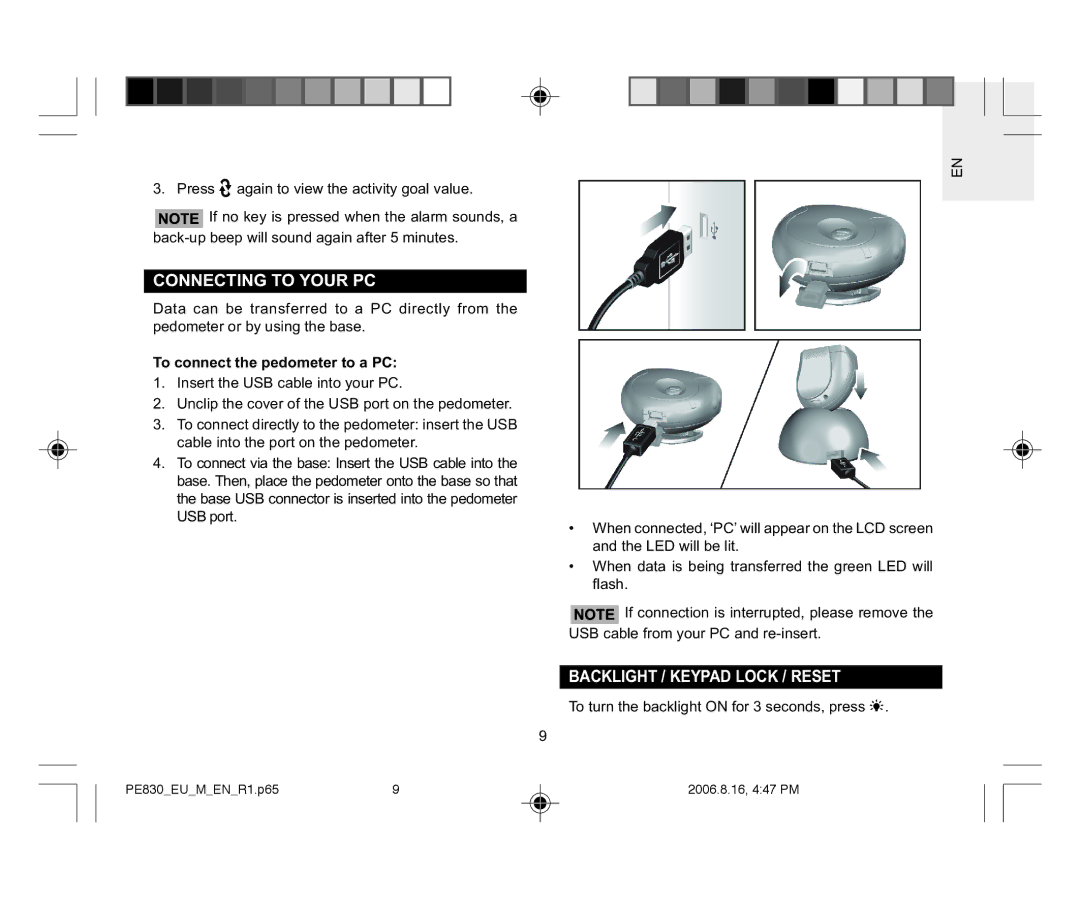 Oregon Scientific PE830 Connecting to Your PC, Backlight / Keypad Lock / Reset, To connect the pedometer to a PC 