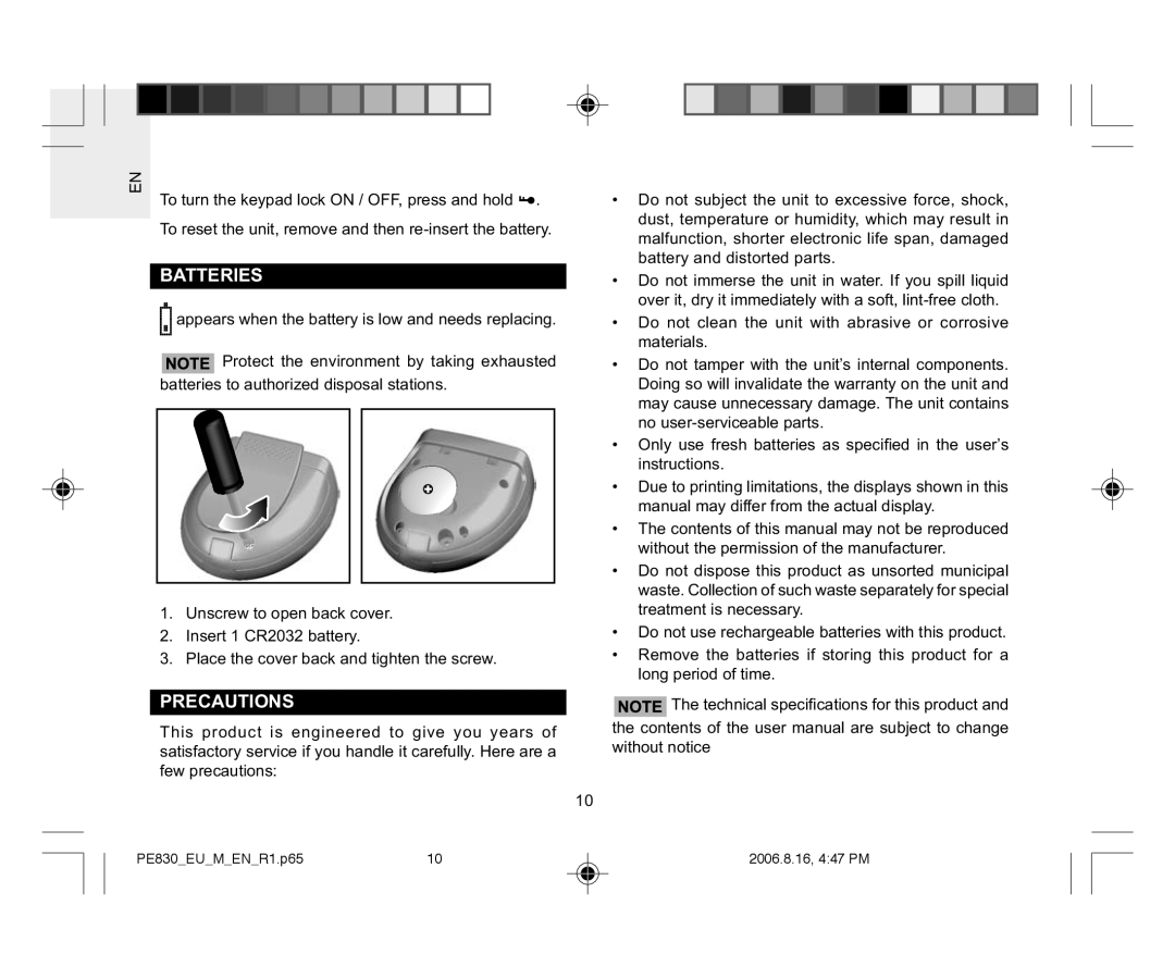 Oregon Scientific PE830 user manual Batteries, Precautions 