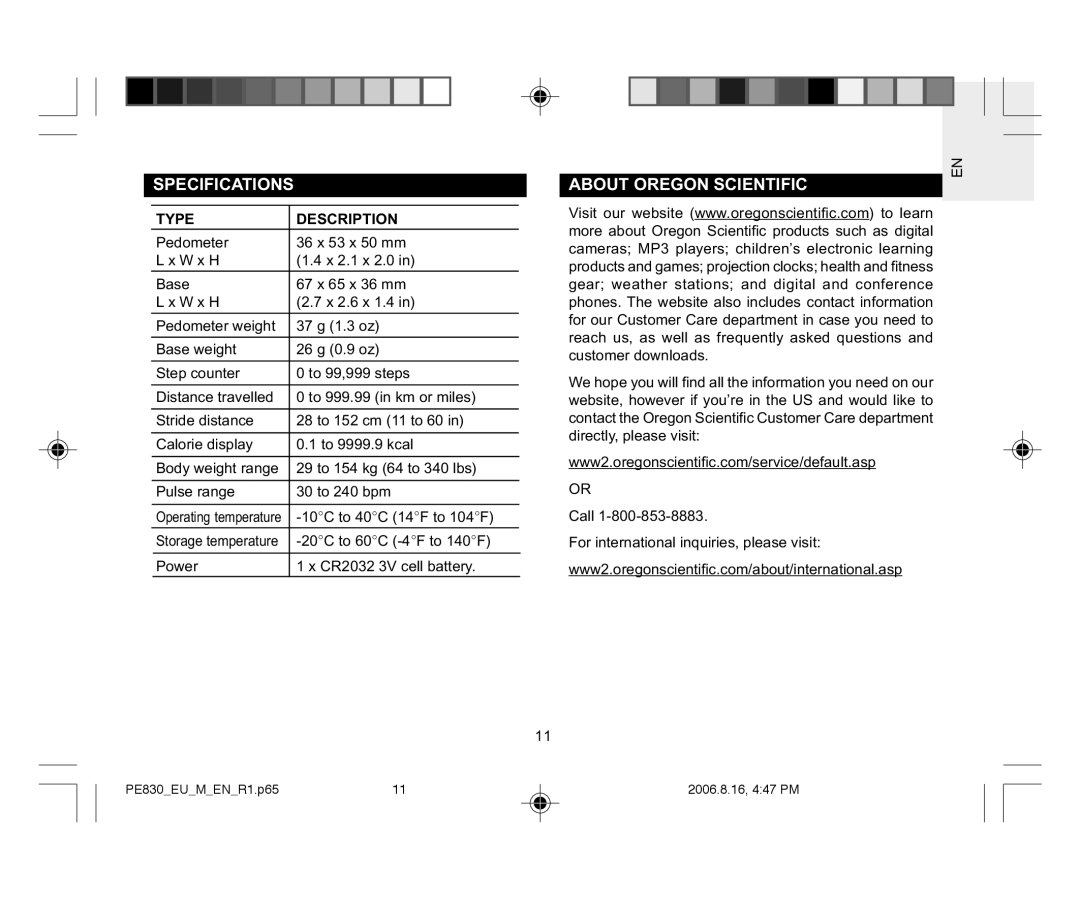 Oregon Scientific PE830 user manual Specifications, About Oregon Scientific 