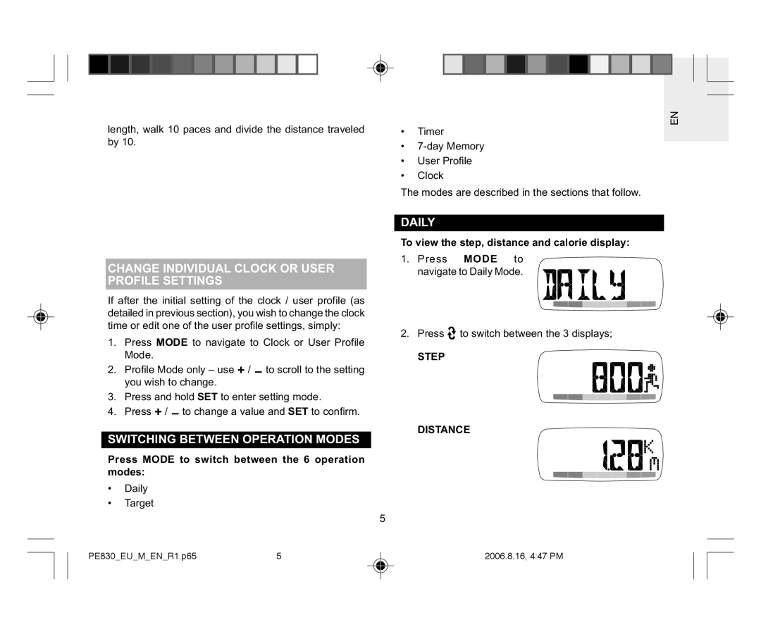 Oregon Scientific PE830 Change Individual Clock or User Profile Settings, Switching Between Operation Modes, Daily 