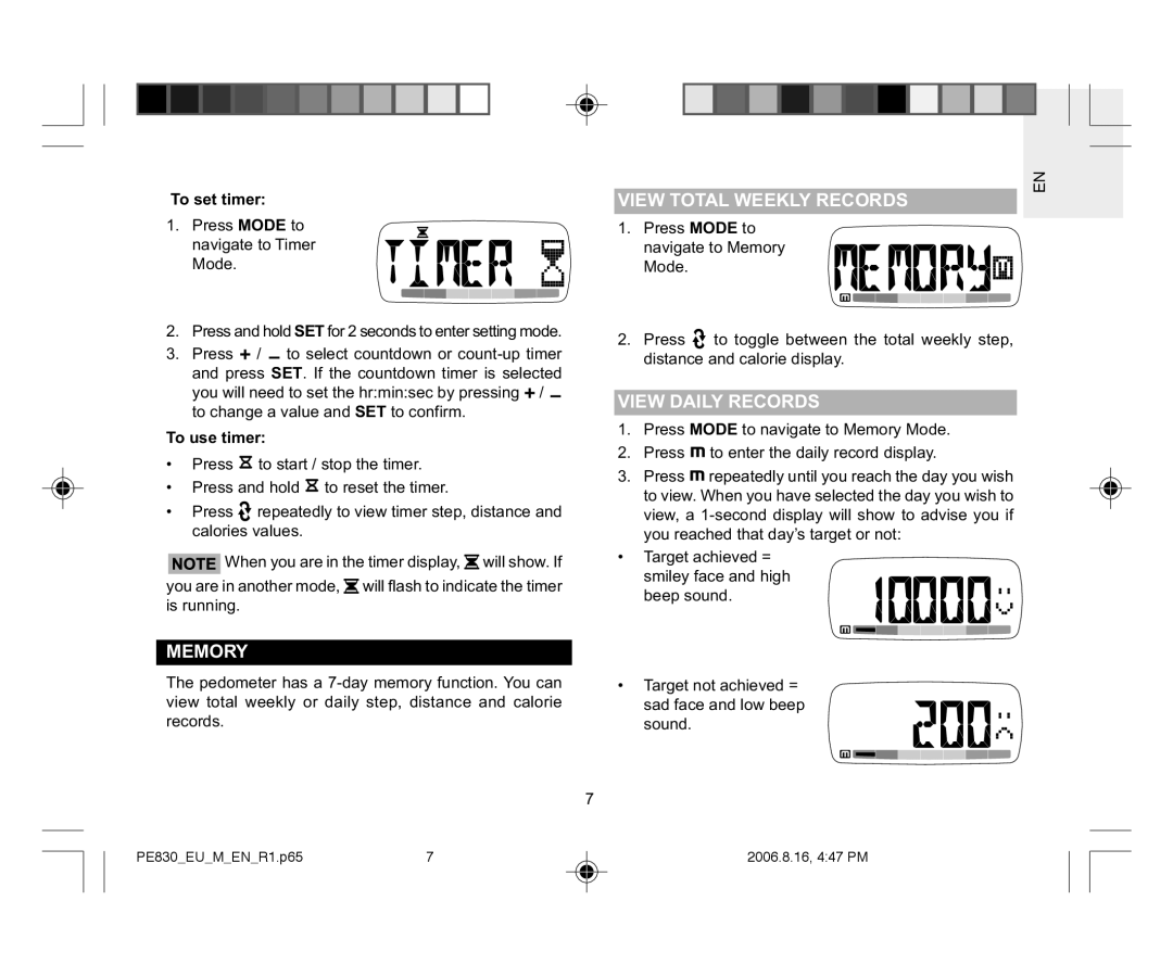 Oregon Scientific PE830 user manual Memory, View Total Weekly Records, View Daily Records, To set timer, To use timer 