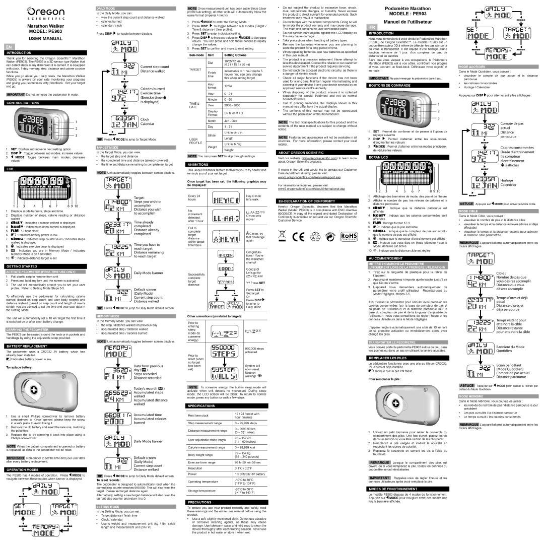 Oregon Scientific PE903 specifications Compte de pas actuel Distance parcourue, ’affiche Horloge Calendrier, Target, Cible 