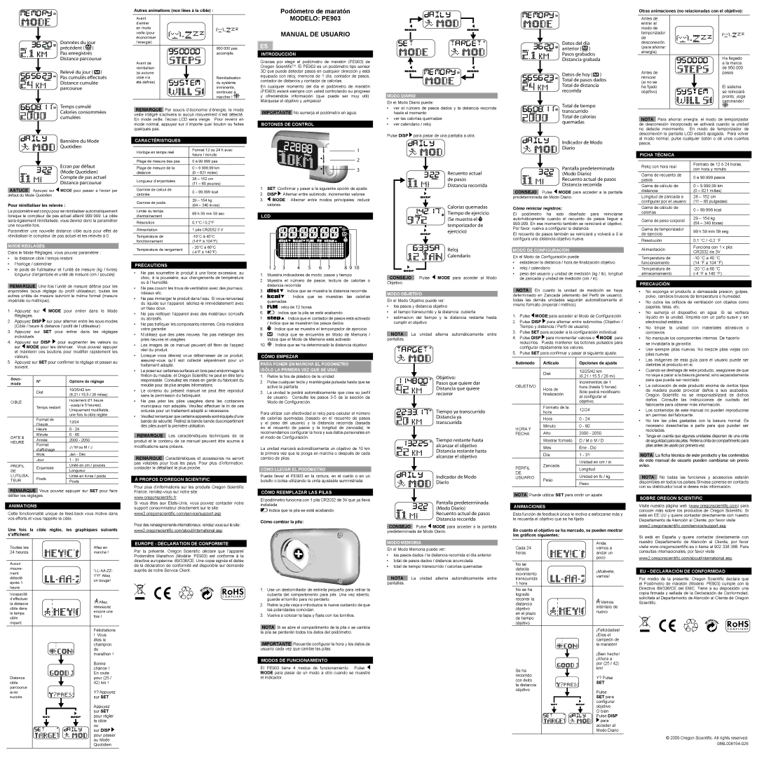 Oregon Scientific PE903 specifications Reloj Calendario, Indicador de Modo Diario 