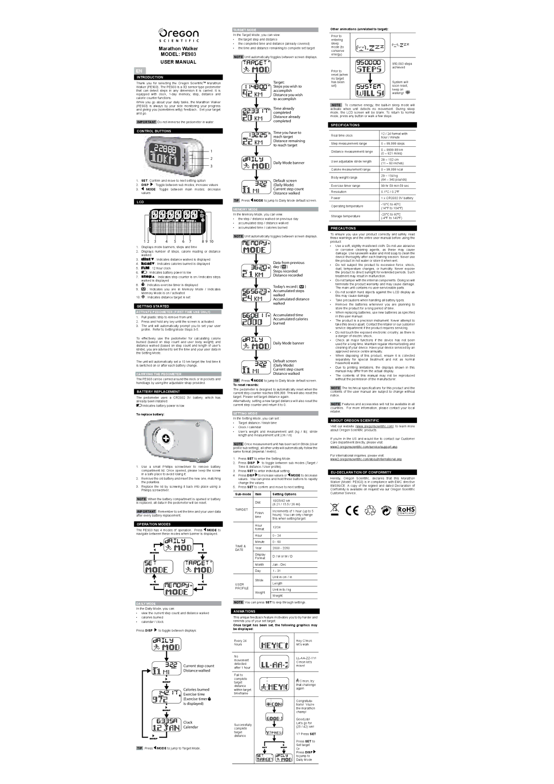 Oregon Scientific user manual Marathon Walker, Model PE903, Target 