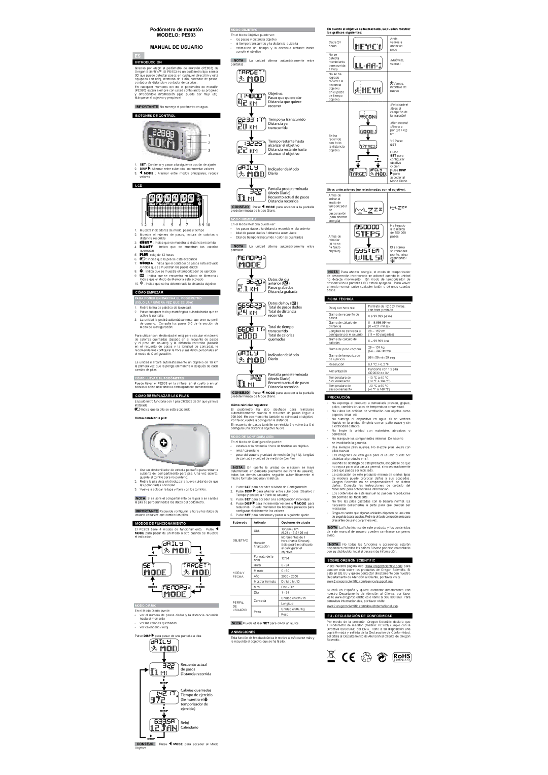 Oregon Scientific Podómetro de maratón, Modelo PE903, Manual DE Usuario, Indicador de Modo Diario, Reloj Calendario 