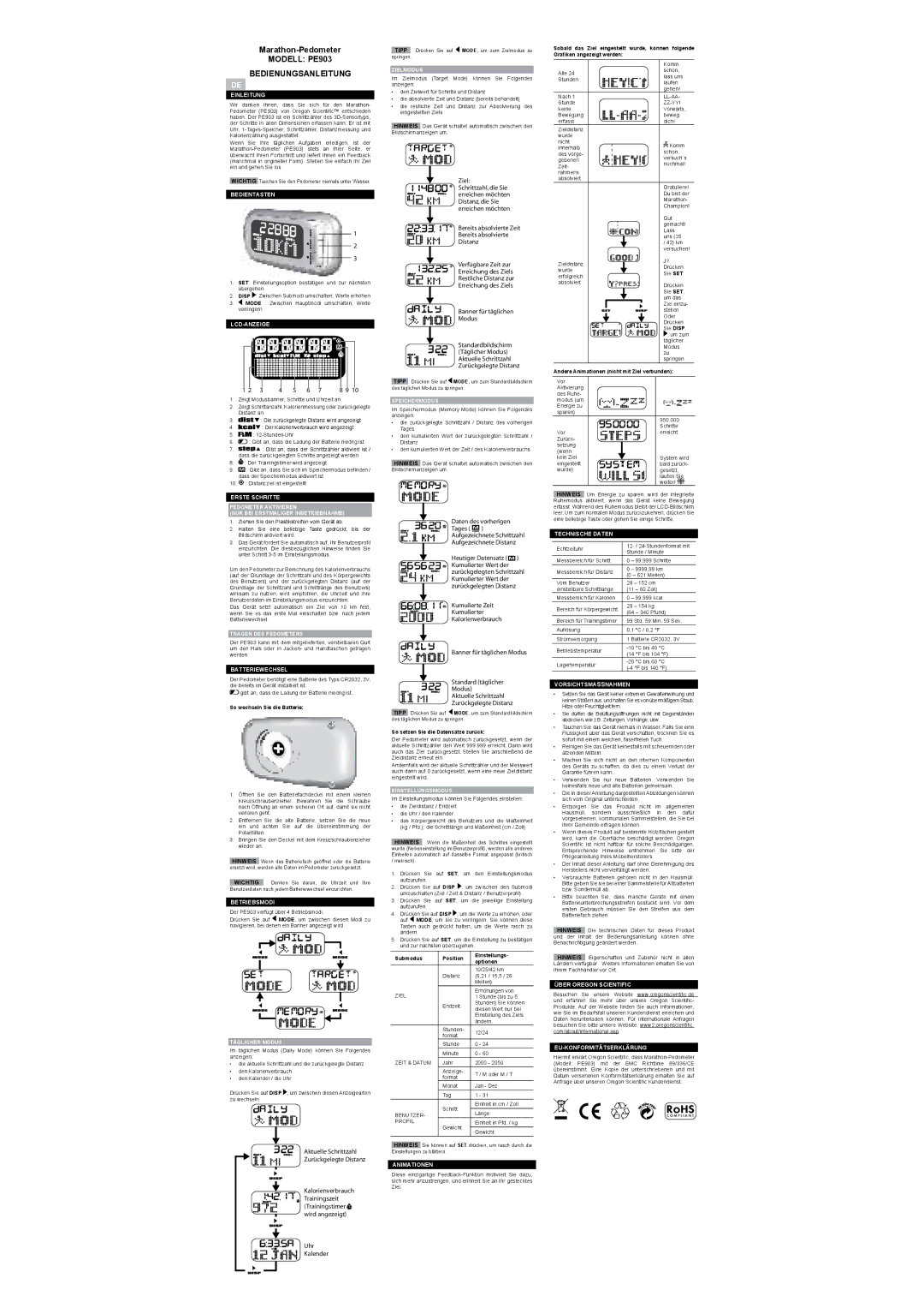 Oregon Scientific user manual Marathon-Pedometer, Modell PE903, BEDIENUNGSANLEItUNG, Zielmodus 