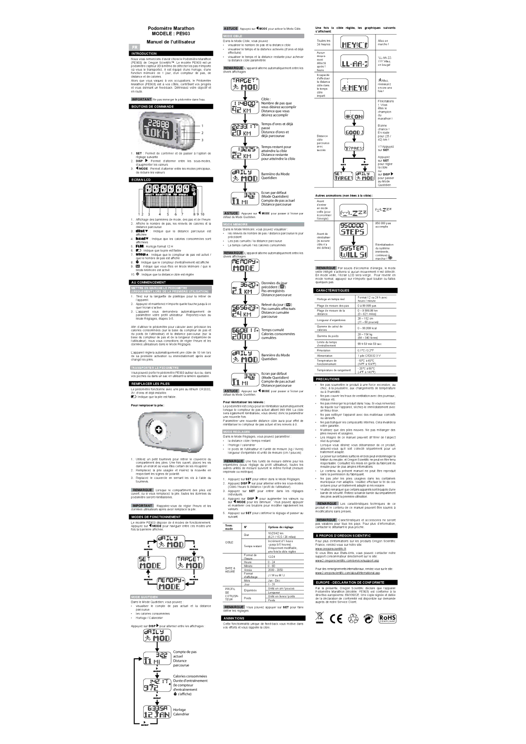 Oregon Scientific user manual Podomètre Marathon, Modele PE903, Manuel de l’utilisateur 