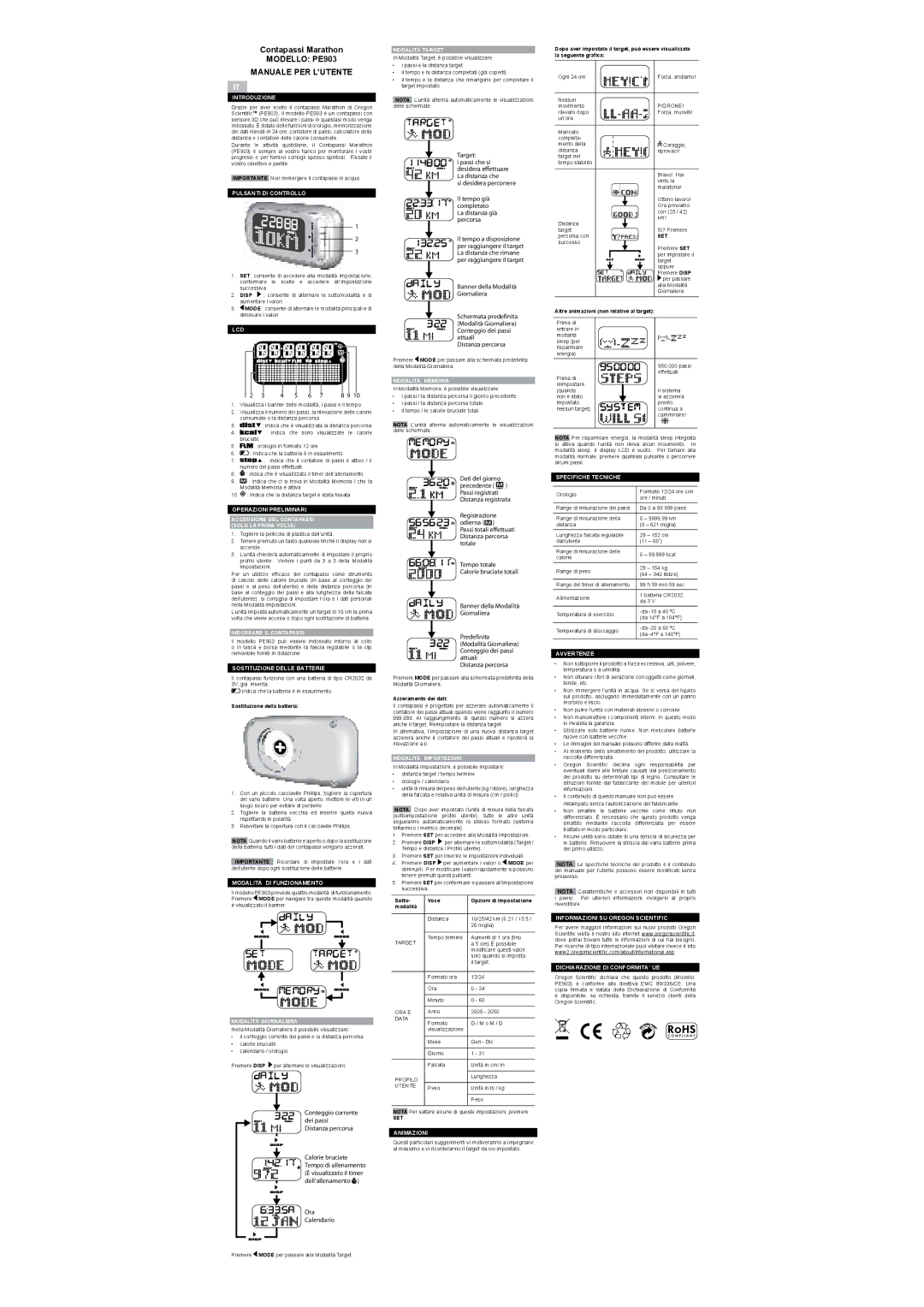 Oregon Scientific user manual Contapassi Marathon, Modello PE903, Manuale PER L’UtENtE 