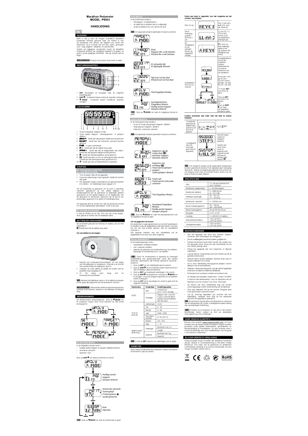 Oregon Scientific PE903 user manual Marathon Pedometer, Handleiding 