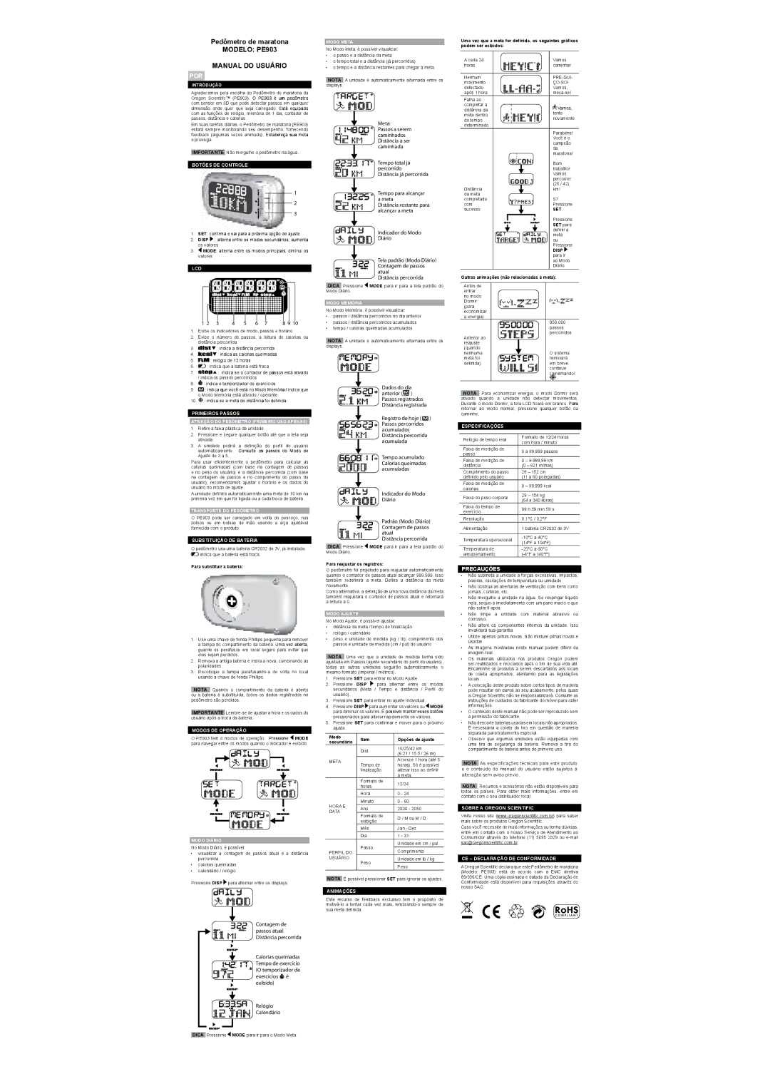 Oregon Scientific PE903 Pedômetro de maratona, Manual do Usuário, Por, Meta, Relógio Calendário Distância percorrida 