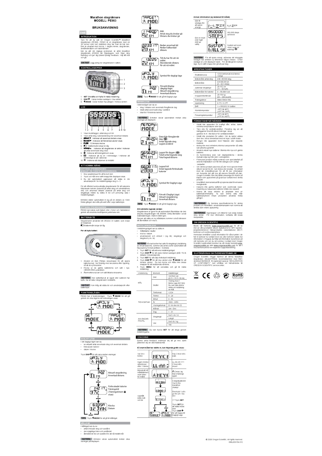 Oregon Scientific PE903 Marathon stegräknare, BRUKSANvISNING, Swe, Mål, Redan avverkad tid Redan fullbordad distans 