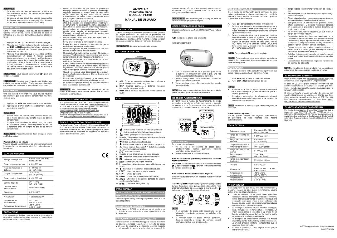 Oregon Scientific PE980 Mode Reglages, Mode Memoire, Propos D’OREGON Scientific Europe Déclaration DE Conformité 