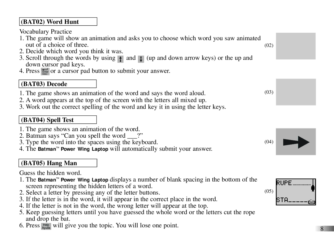 Oregon Scientific Power Wing Laptop manual BAT02 Word Hunt, BAT03 Decode, BAT04 Spell Test, BAT05 Hang Man 