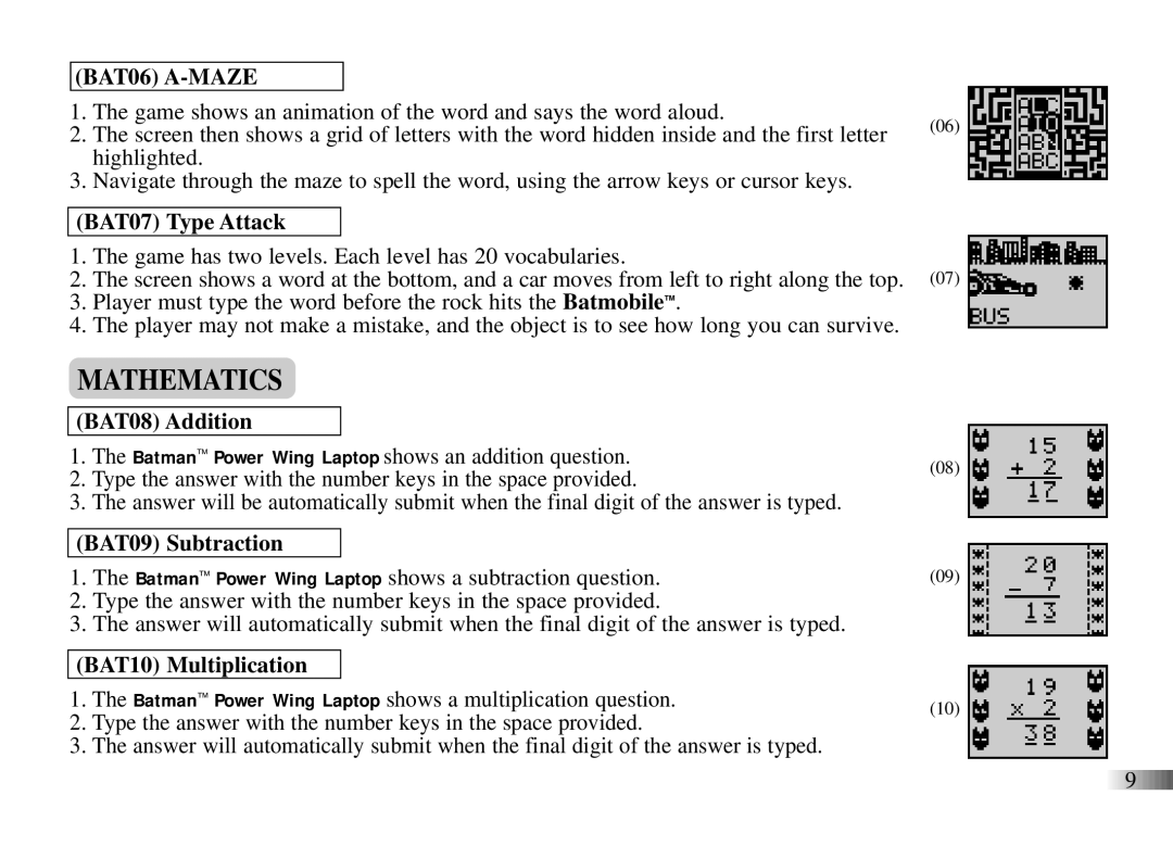 Oregon Scientific Power Wing Laptop manual Mathematics, BAT07 Type Attack, BAT08 Addition, BAT09 Subtraction 