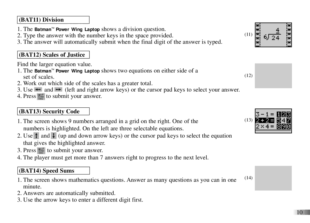 Oregon Scientific Power Wing Laptop manual BAT11 Division, BAT12 Scales of Justice, BAT13 Security Code, BAT14 Speed Sums 