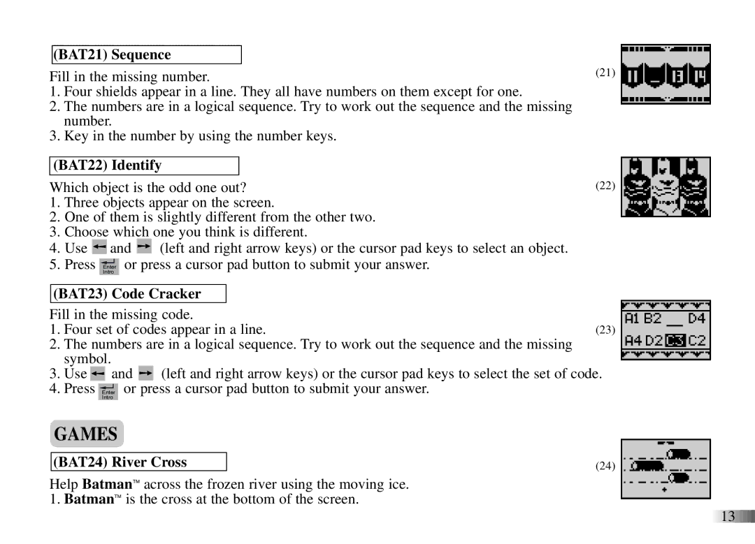 Oregon Scientific Power Wing Laptop manual Games, BAT21 Sequence, BAT22 Identify, BAT23 Code Cracker, BAT24 River Cross 