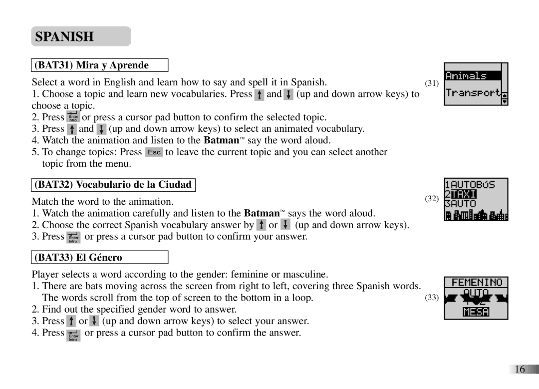 Oregon Scientific Power Wing Laptop manual Spanish, BAT31 Mira y Aprende, BAT32 Vocabulario de la Ciudad, BAT33 El Género 