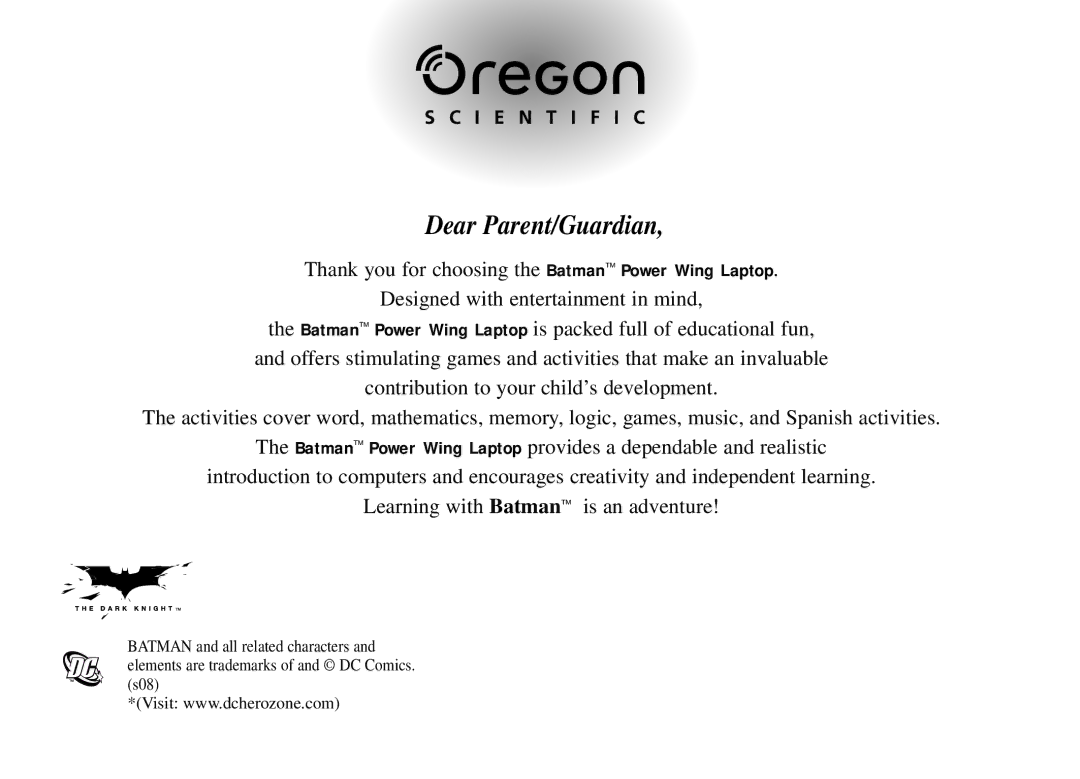 Oregon Scientific Power Wing Laptop manual Dear Parent/Guardian 