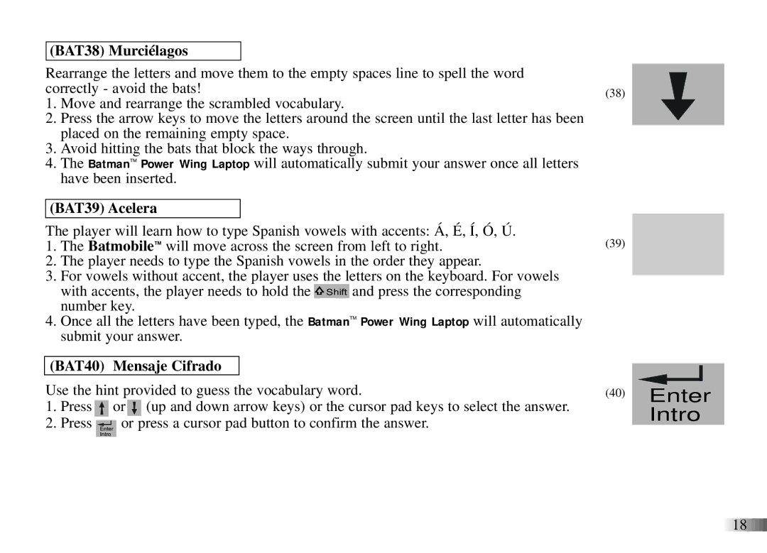 Oregon Scientific Power Wing Laptop manual BAT38 Murciélagos, BAT39 Acelera, BAT40 Mensaje Cifrado 