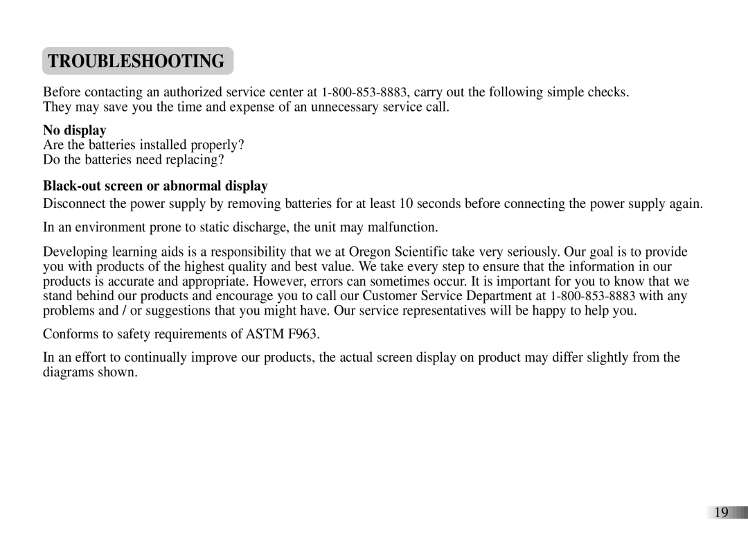 Oregon Scientific Power Wing Laptop manual Troubleshooting, No display, Black-out screen or abnormal display 