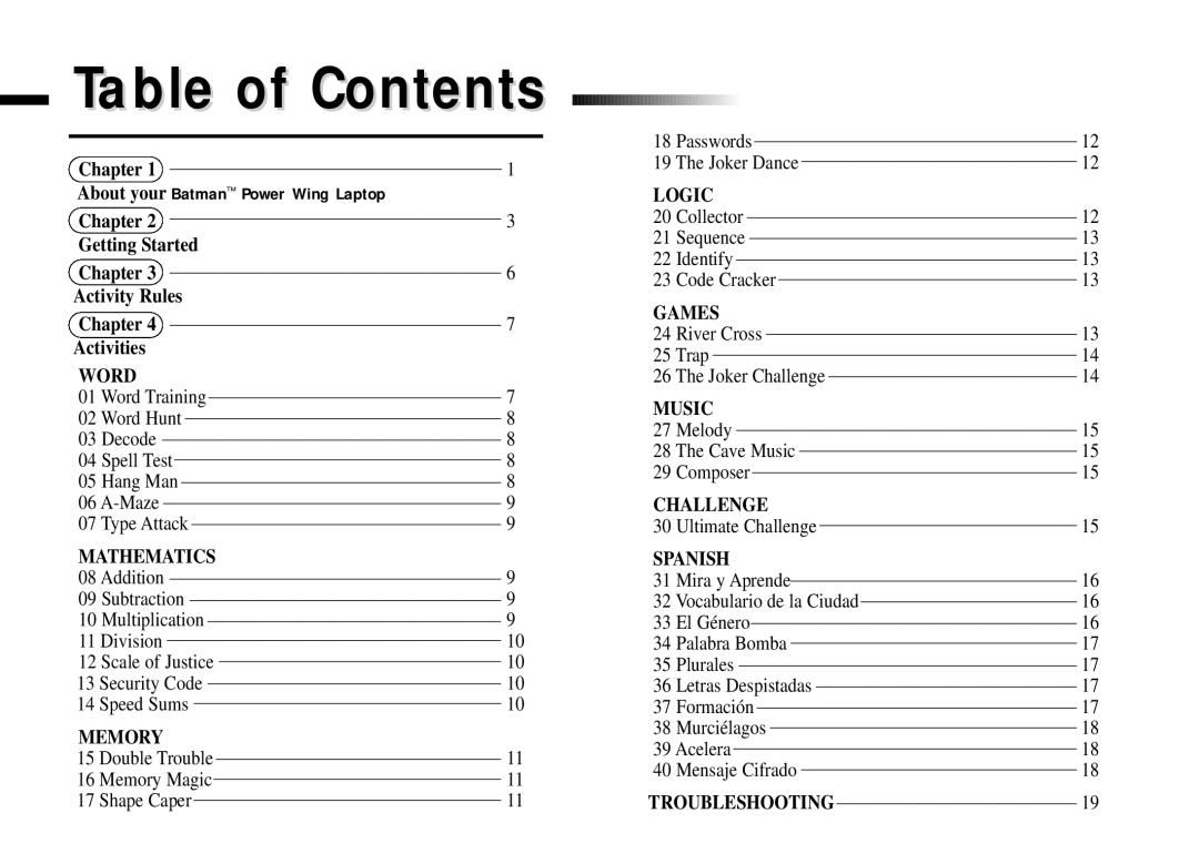 Oregon Scientific Power Wing Laptop manual Table of Contents 