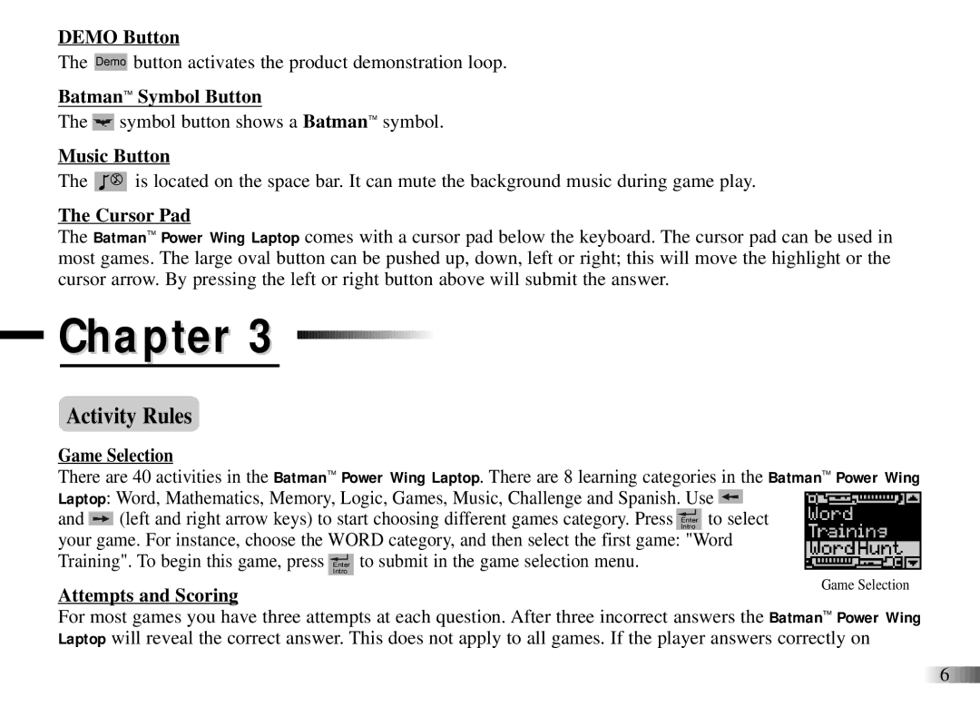 Oregon Scientific Power Wing Laptop manual Demo Button, Batman Symbol Button, Music Button, Cursor Pad, Game Selection 