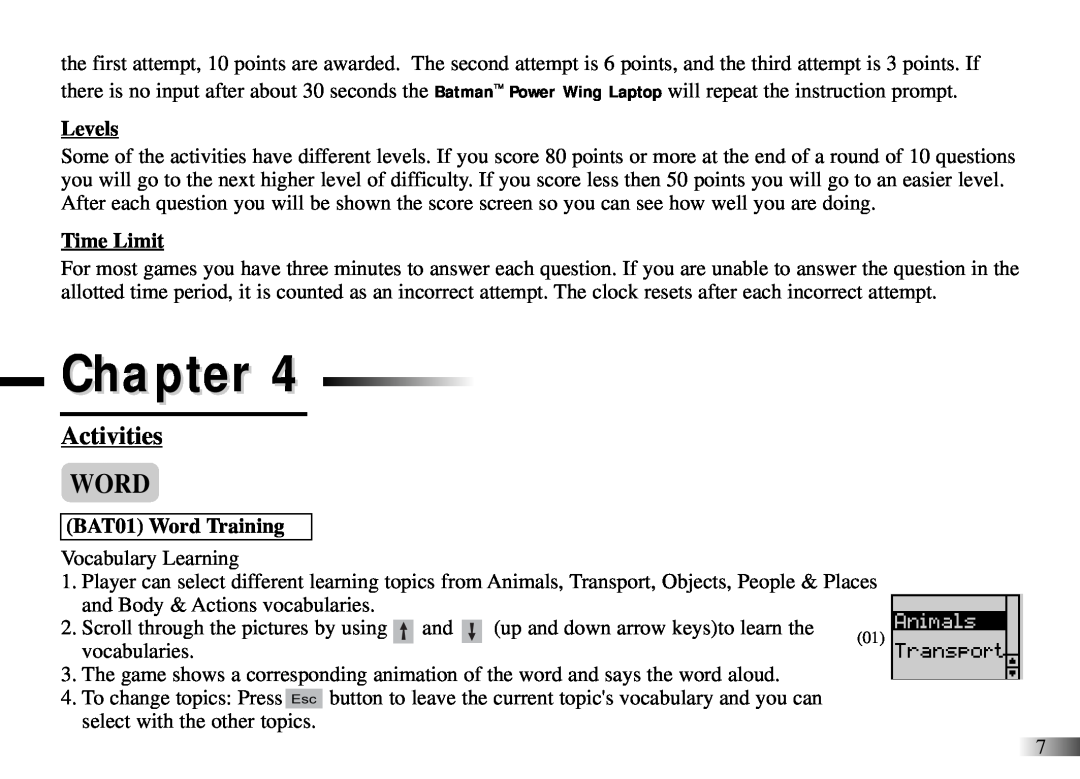 Oregon Scientific Power Wing Laptop manual Activities, Levels, Time Limit, BAT01 Word Training, Chapter 