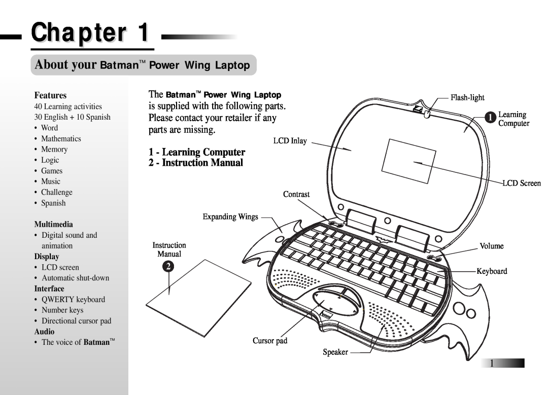 Oregon Scientific Chapter, About your Batman Power Wing Laptop, Learning Computer 2 - Instruction Manual, Features 