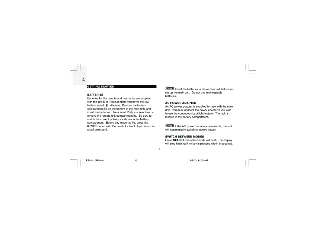 Oregon Scientific PS-L01U user manual Getting Started, Batteries, AC Power Adapter, Switch Between Modes 